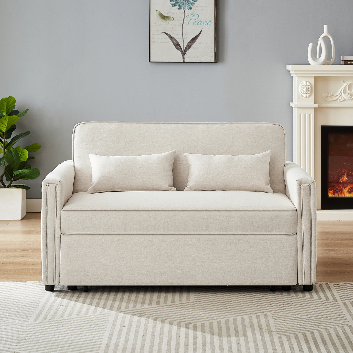 Modern Linen Loveseat Sleeper Sofa with Adjustable Backrest & Pull-Out Bed with 2 Lumbar Pillows