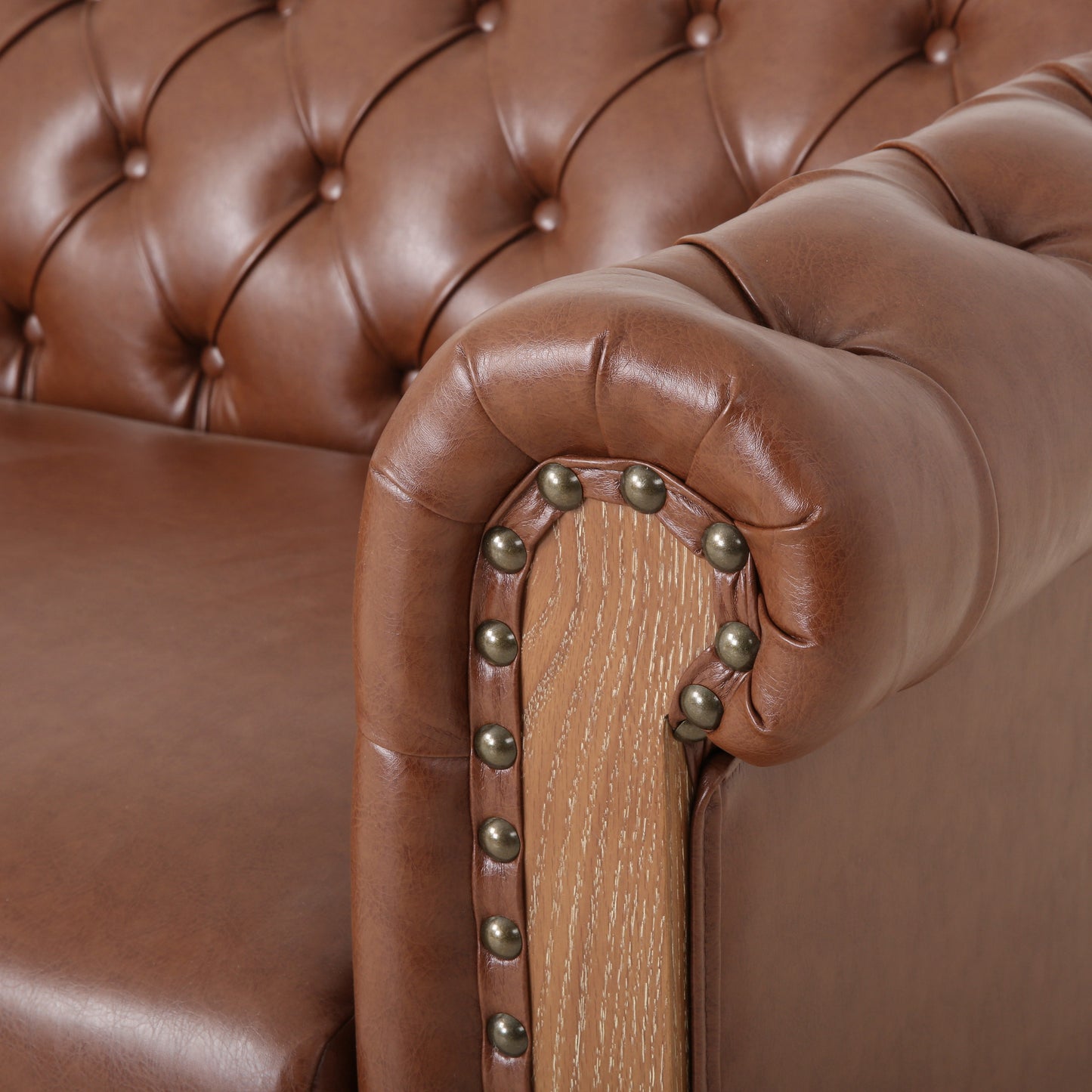 Tufted Leather 3-Seat Sofa with Wooden Legs