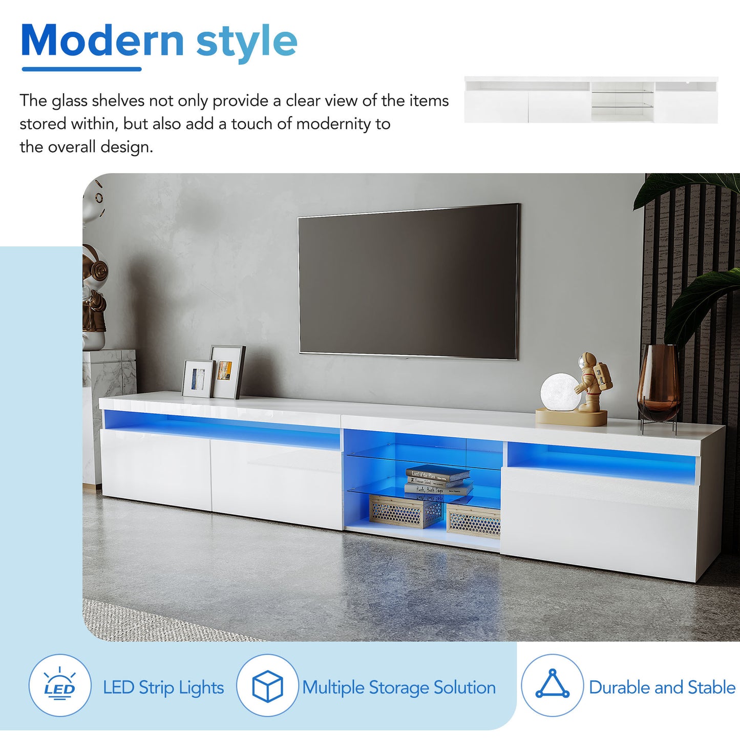 ON-TREND Unique Design TV Stand with 2 Glass Shelves, Ample Storage Space Media Console for TVs Up to 105", Versatile TV Cabinet with LED Color Changing Lights for Living Room, White