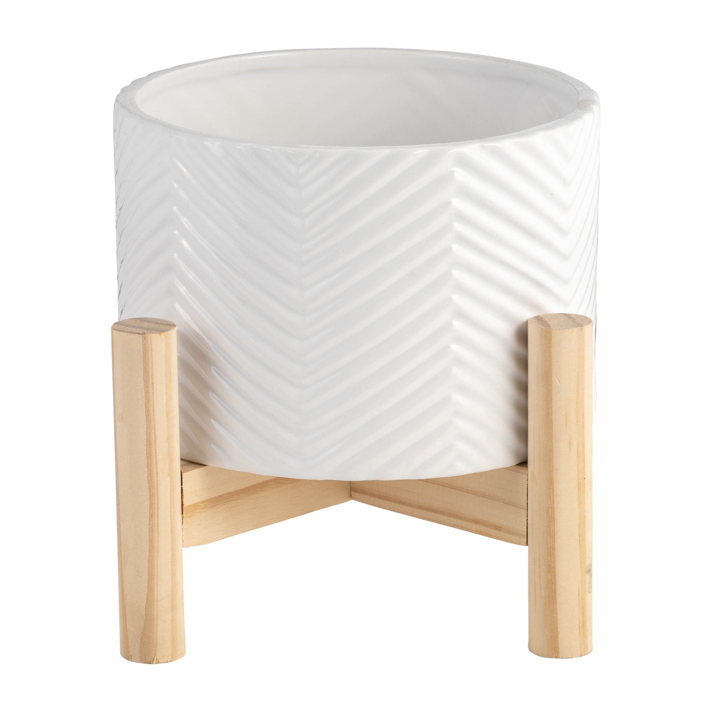 6" CERAMIC CHEVRON PLANTER W/ WOOD STAND, WHITE