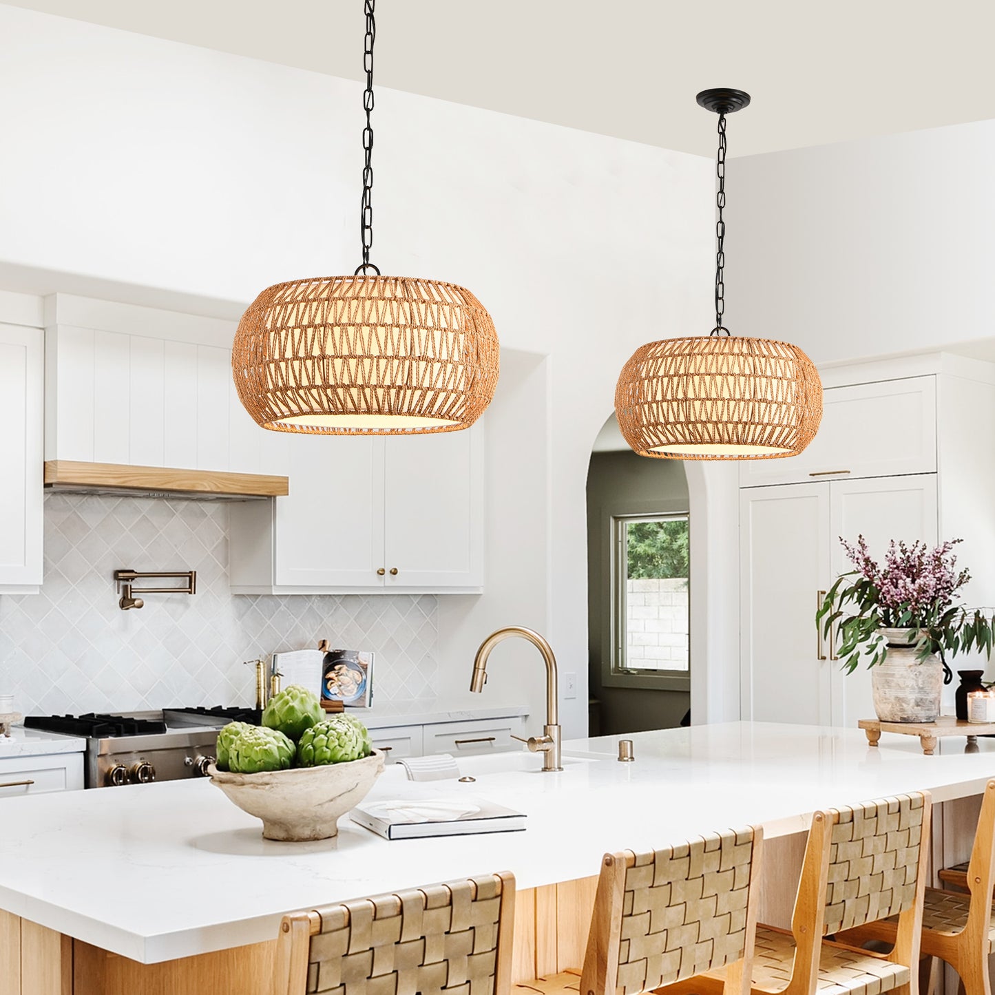 Farmhouse Pendant Light with Adjustable Height, Boho Woven Jute Rope Hanging Ceiling Light Fixture, E26 Base, 60W Max, Compatible with Flat, Vaulted, and Sloped Ceil (Bulb Not Included)