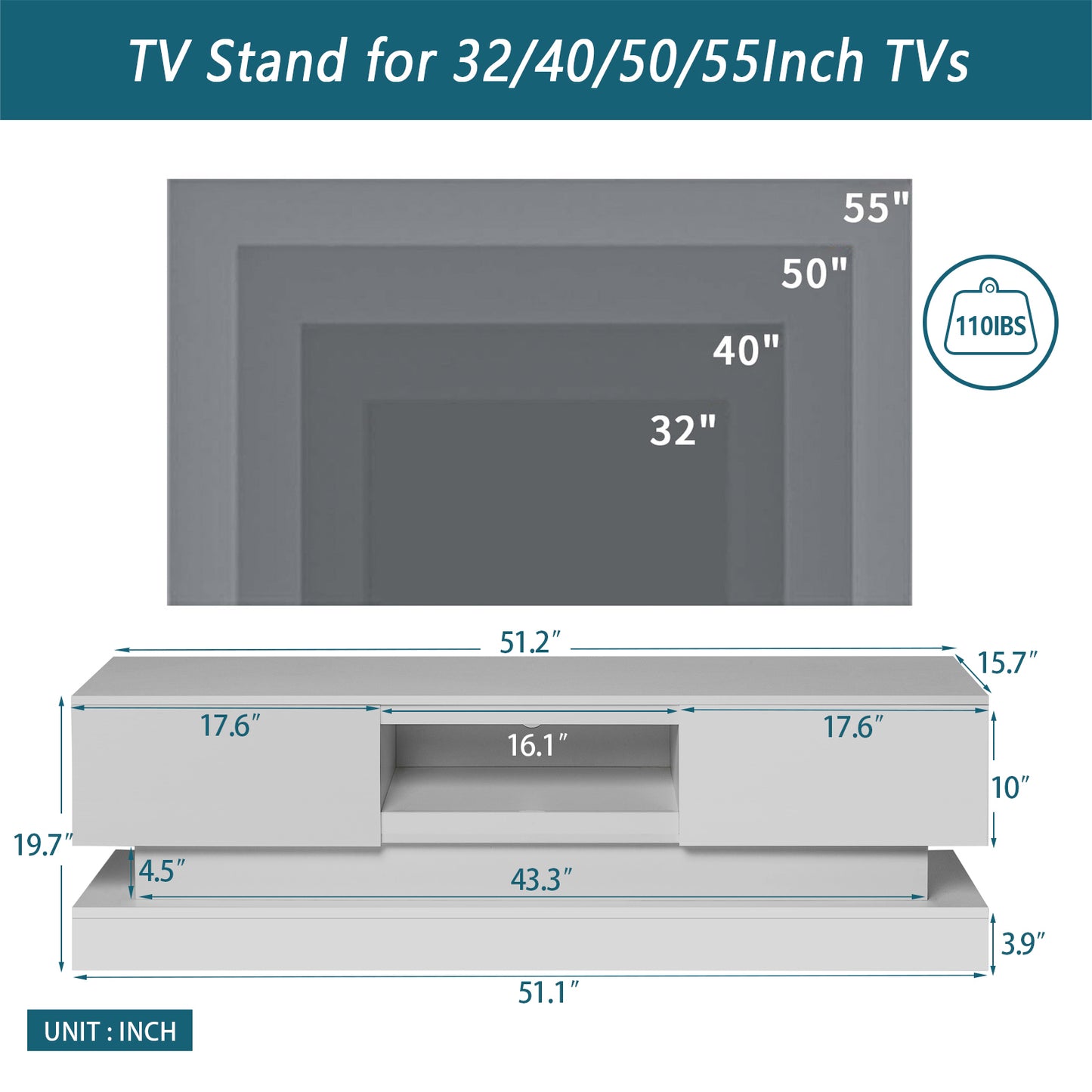 Modern TV Stand with LED Lights, High-Gloss Front for up to 55" TV's