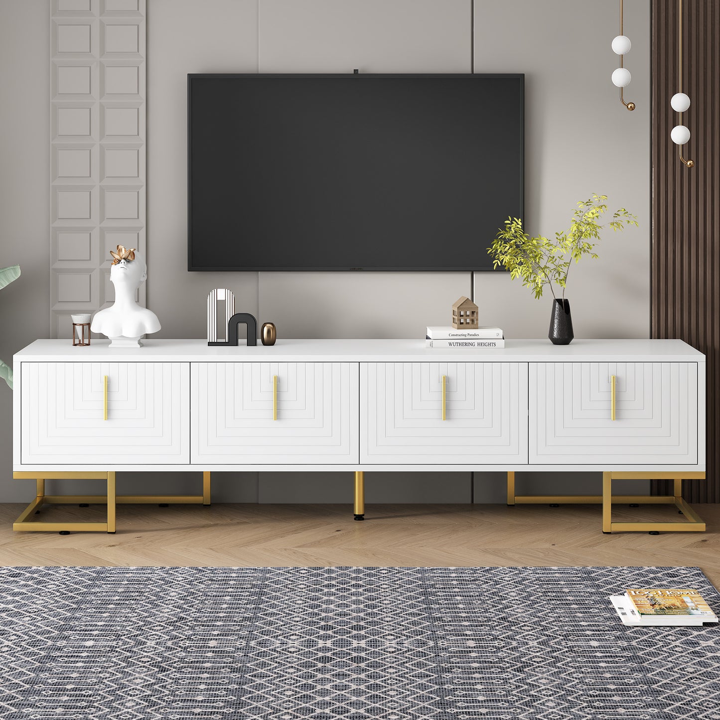 Modern TV Stand with Metal Legs and Gold Handles For Up to 80'' TV's