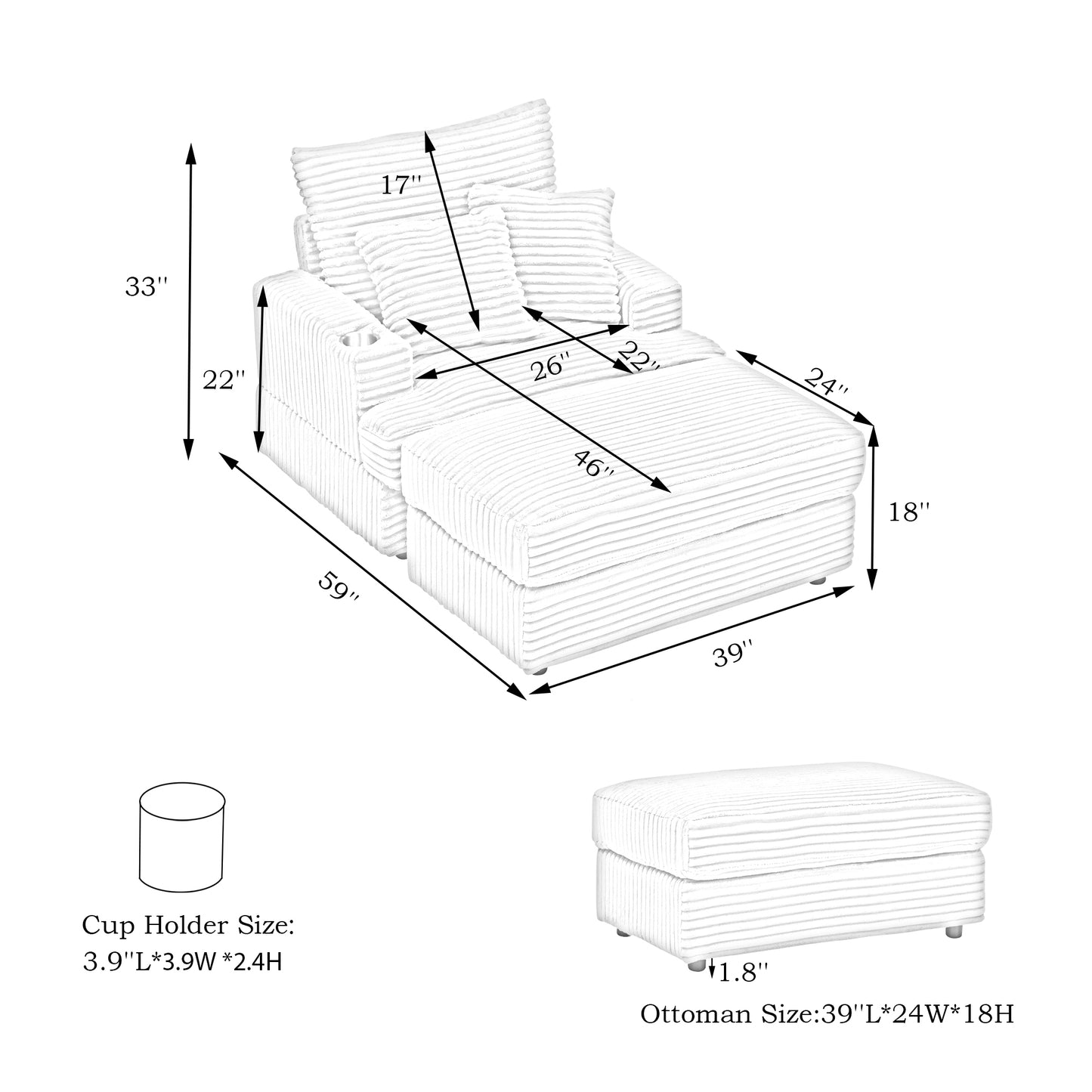 Corduroy Armchair & Ottoman Set with Cup Holder