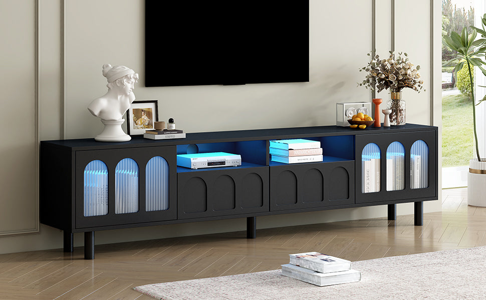 Fluted Glass TV Stand with LED Light Strip for Up to 80'' TV's