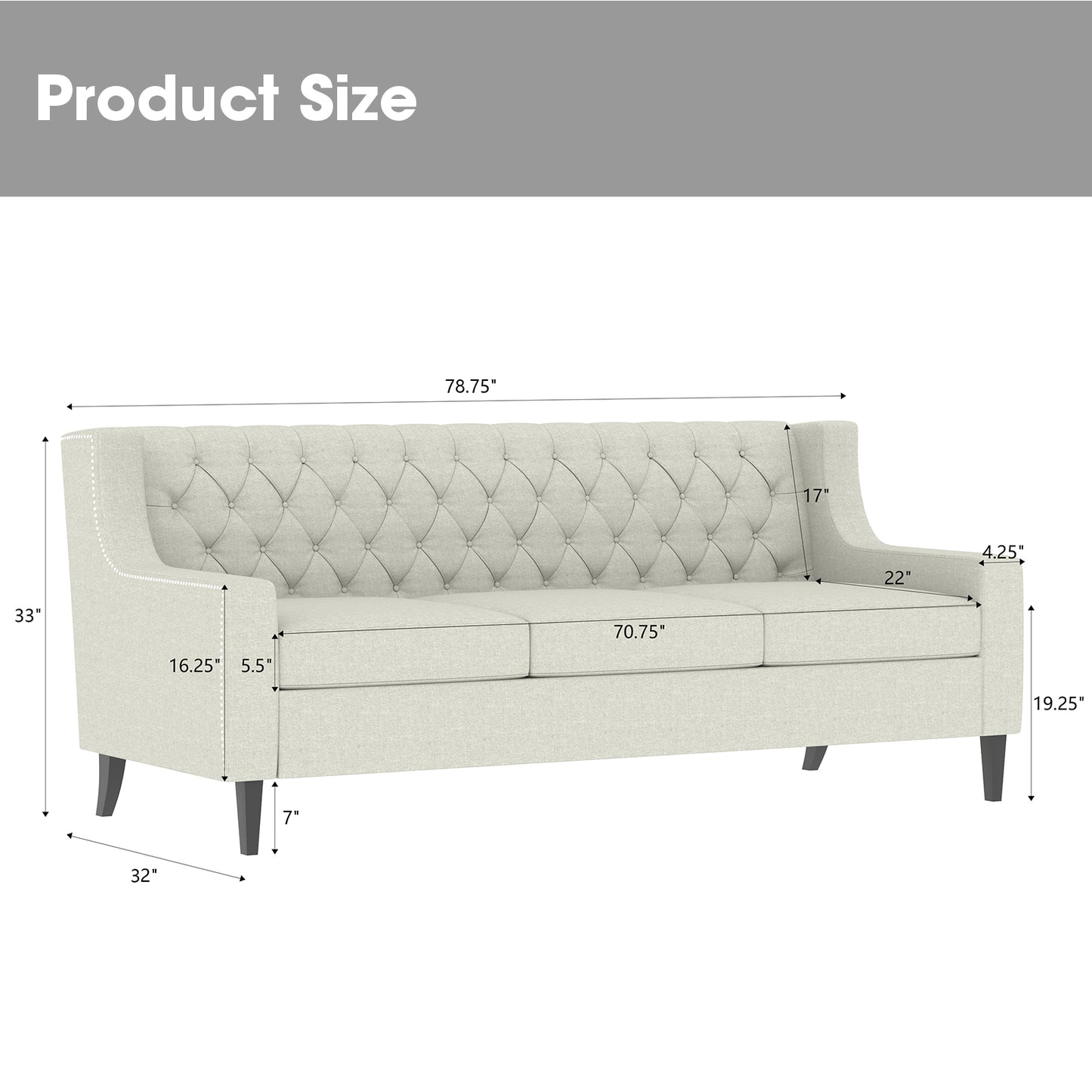 Button Tufted Backrest 3-Seater Sofa