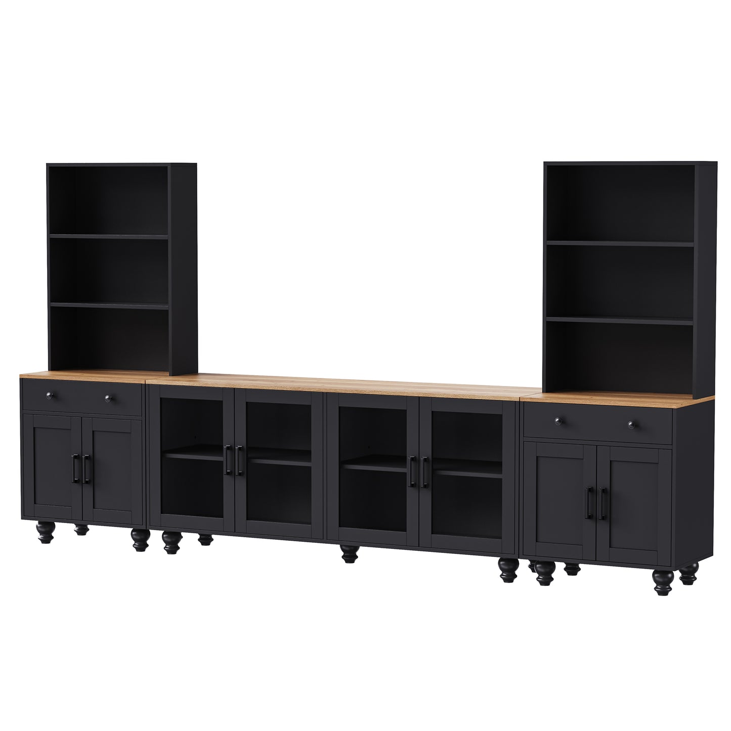 ON-TREND Farmhouse TV Stand with Solid Wood Gourd-Shaped Legs for TVs Up to 70", Entertainment Center with Bookshelves & Tempered Glass Doors, Media Console with Adjustable Shelves, Living Room, Black