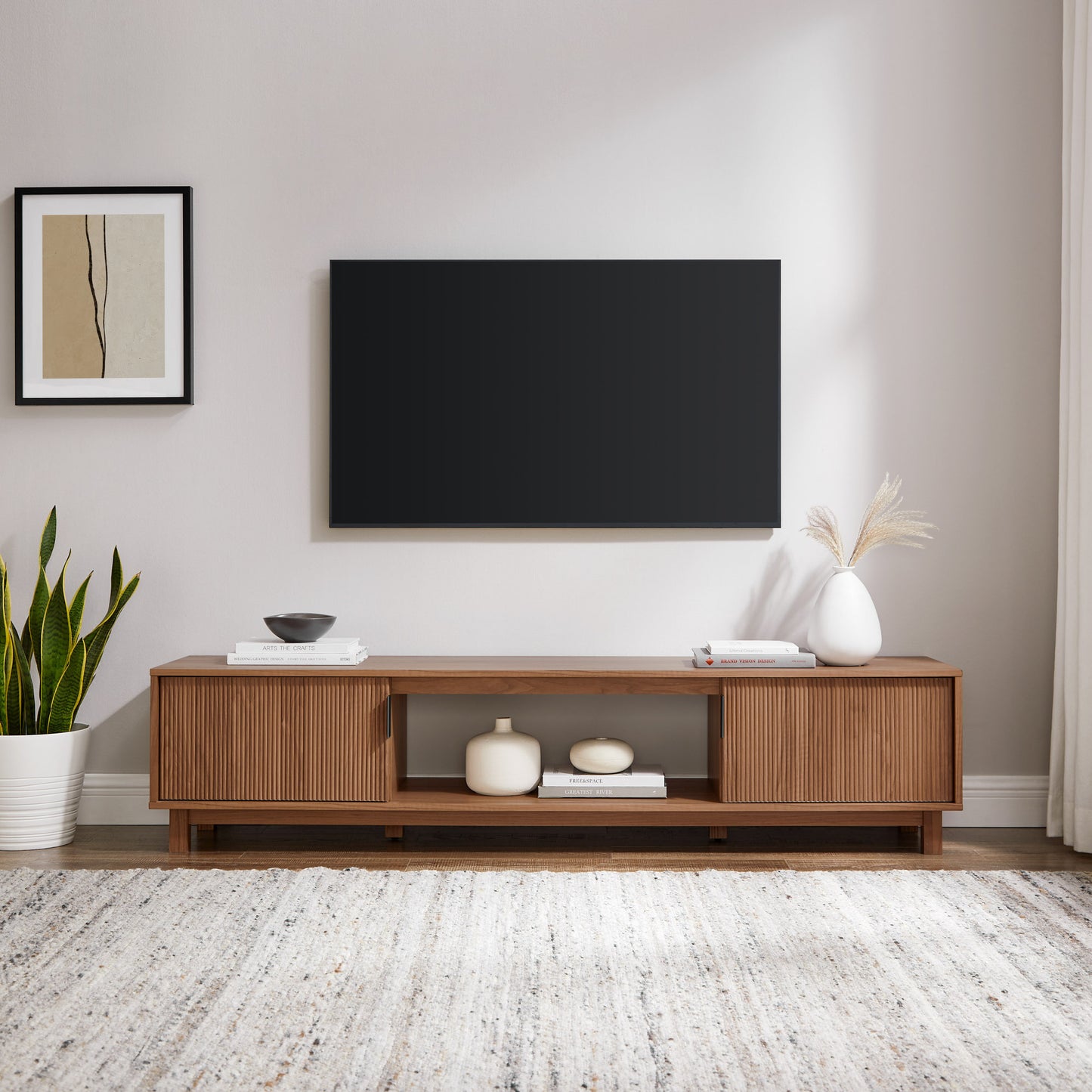 Minimalist Mocha TV Stand with Fluted Doors, For up to 80" TV's