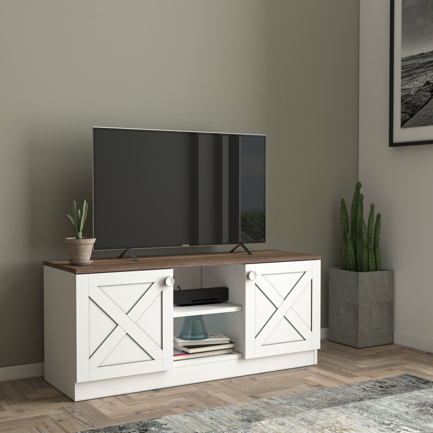 Costal Wood Base 2 Cupboards Vintage TV Stand For up to 85" TV's