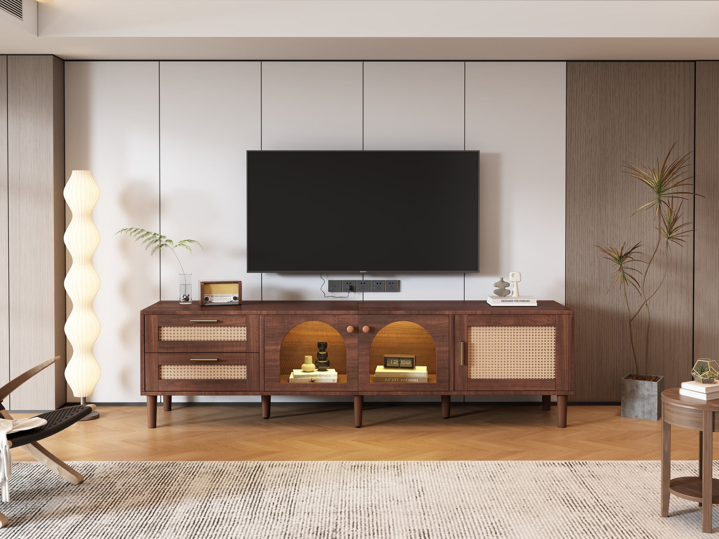 Rattan TV Stand with 3 Cabinets & 2 Drawers, Rattan-inspired Media Console Table for TVs up to 80'', LED Light Entertainment Center, TV cabinet for Living room, Bedroom, Home Theatre