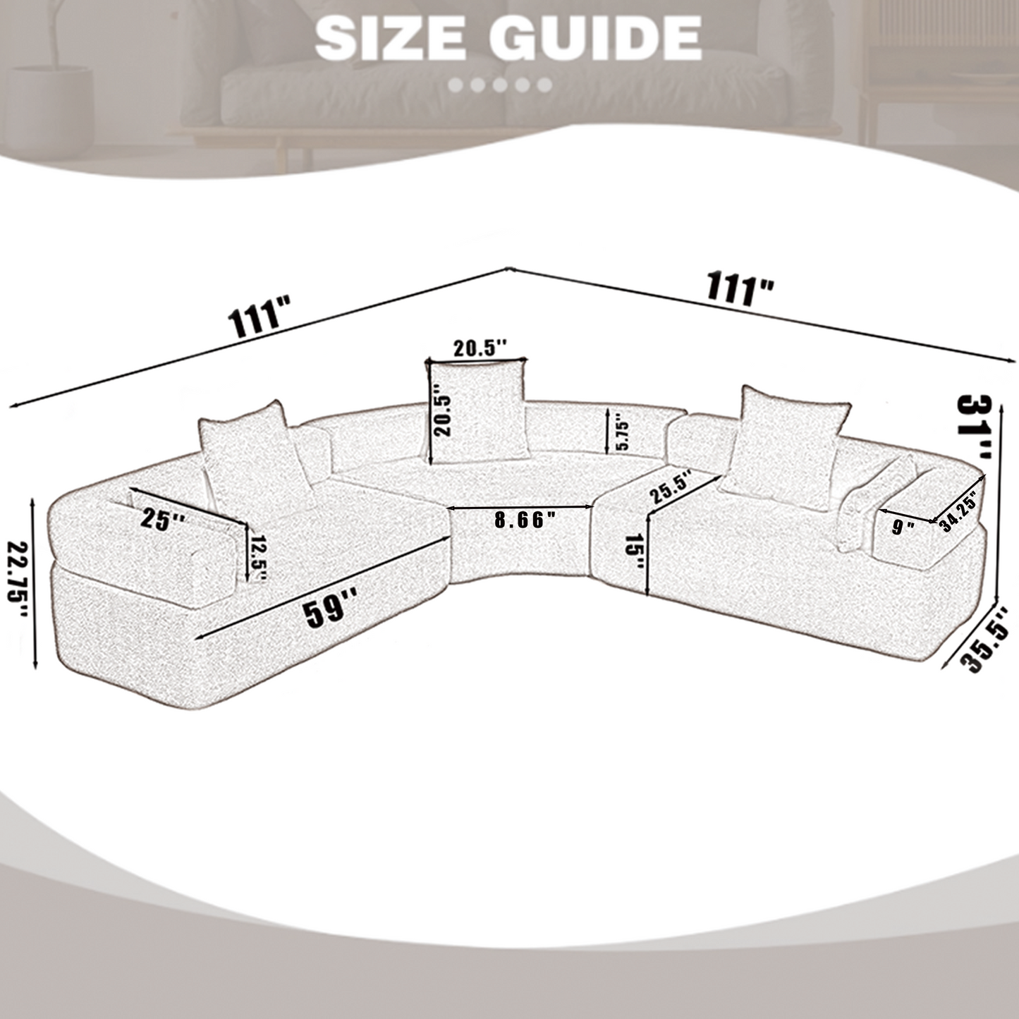 Oversized Semicircular Modular Sofa, Grey