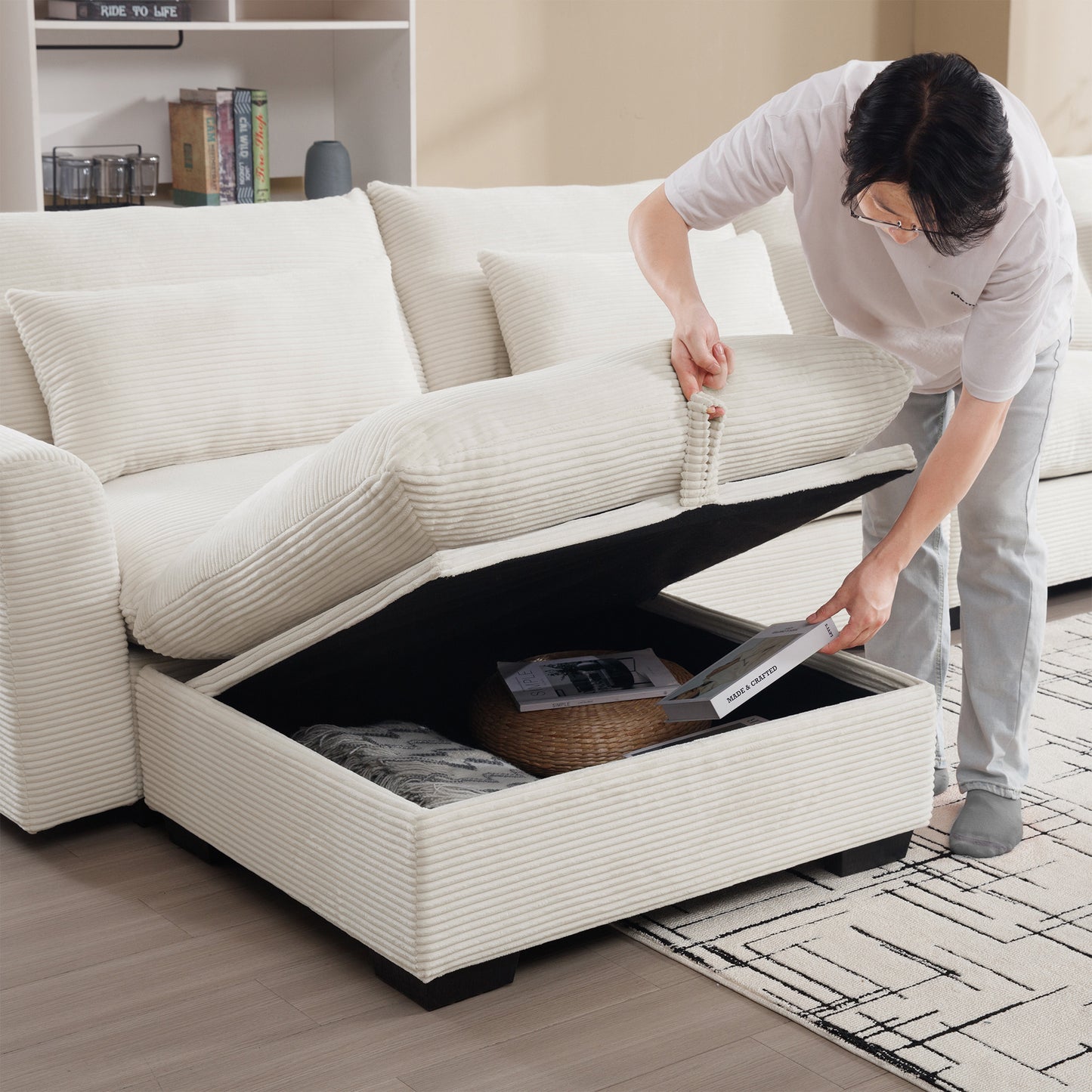 Corduroy Modular Sofa with Storage Ottoman