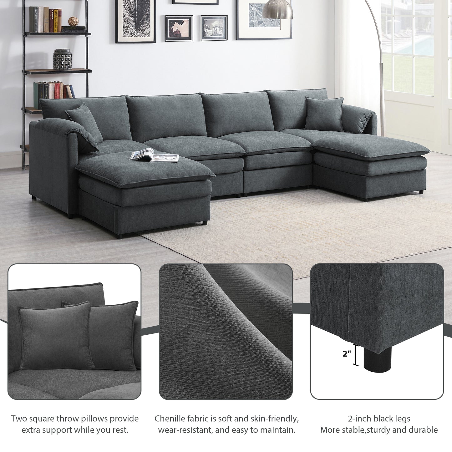 [VIDEO provided] [New] 134*66" Chenille Modular Sectional Sofa,U Shaped Cloud Couch Set with Double Cushions ,6 Seat Sleeper Sofa Bed with Ottomans,Oversized Indoor Furniture for Living Room, 3 Colors