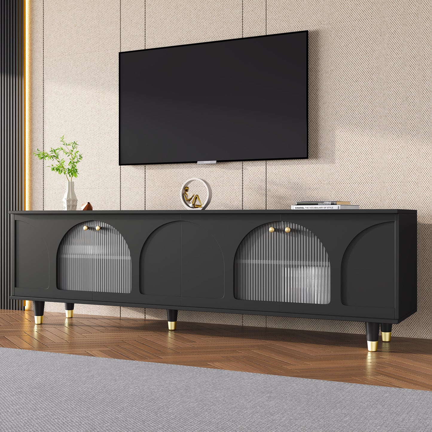 ON-TREND Contemporary TV Stand with Adjustable Shelves for TVs Up to 78'', Stylish Media Console with Gold Handles and Arch Fluted Glass Doors, Delicate Entertainment Center for Living Room, Black