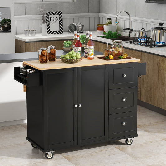 Rolling Mobile Kitchen Island with Solid Wood Top and Locking Wheels,52.7 Inch Width,Storage Cabinet and Drop Leaf Breakfast Bar,Spice Rack, Towel Rack & Drawer (Black)