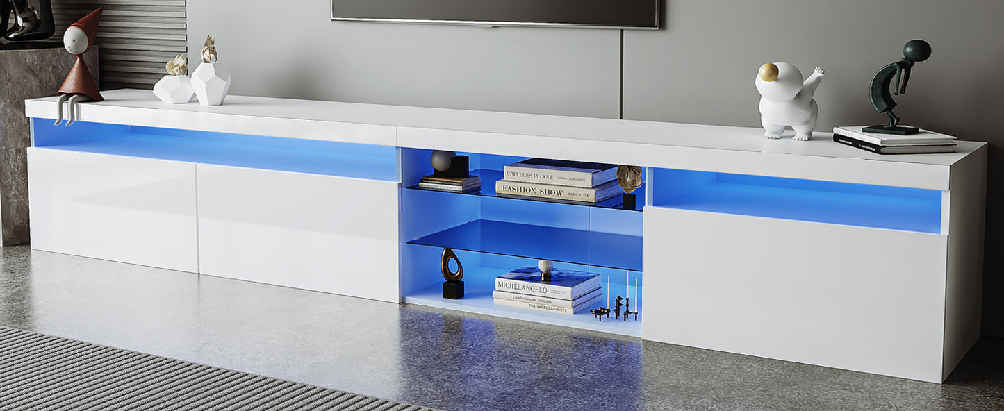 ON-TREND Unique Design TV Stand with 2 Glass Shelves, Ample Storage Space Media Console for TVs Up to 105", Versatile TV Cabinet with LED Color Changing Lights for Living Room, White