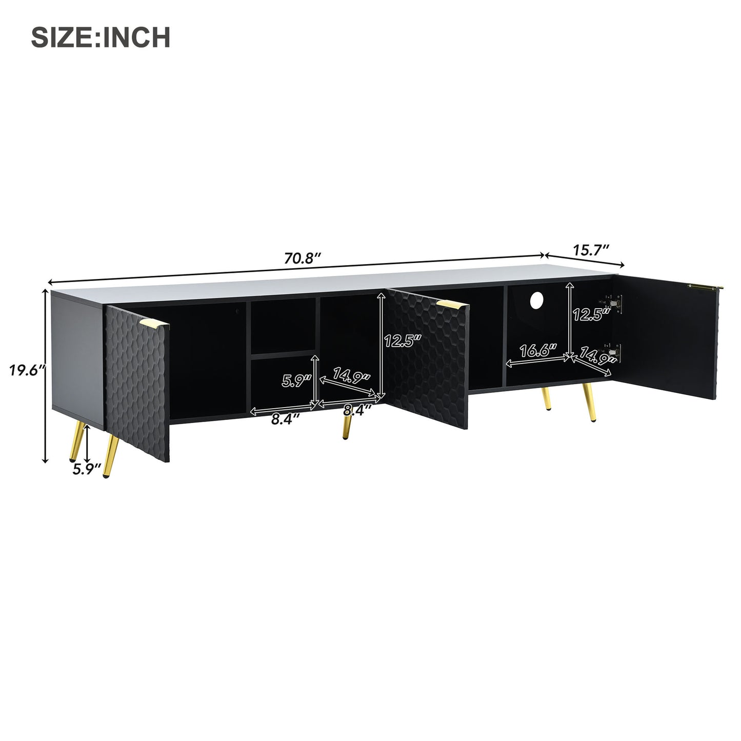 Modern Minimalist Geometric TV Cabinet with Metal Handles and Gold Legs for Up to 80'' TV's