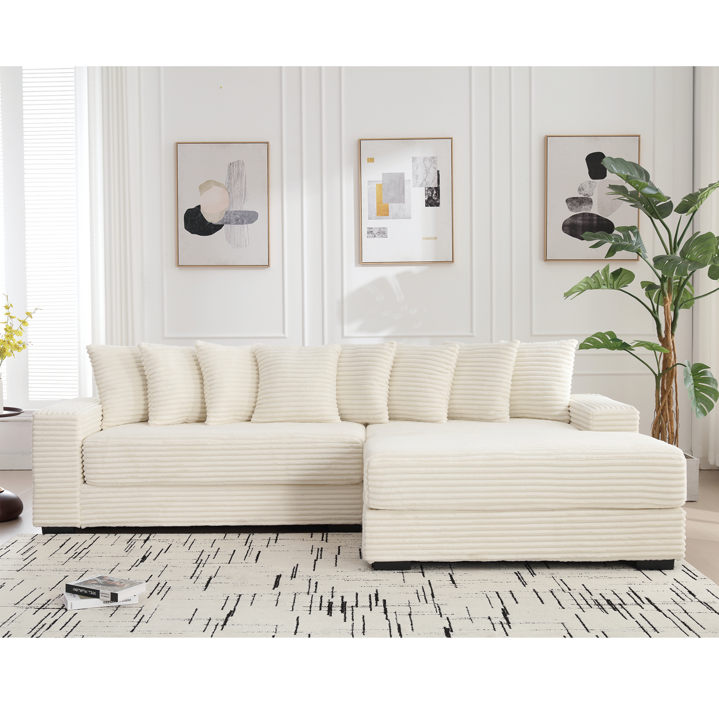 Oversized Corduroy L-Shaped Sofa with Chaise & Pillows