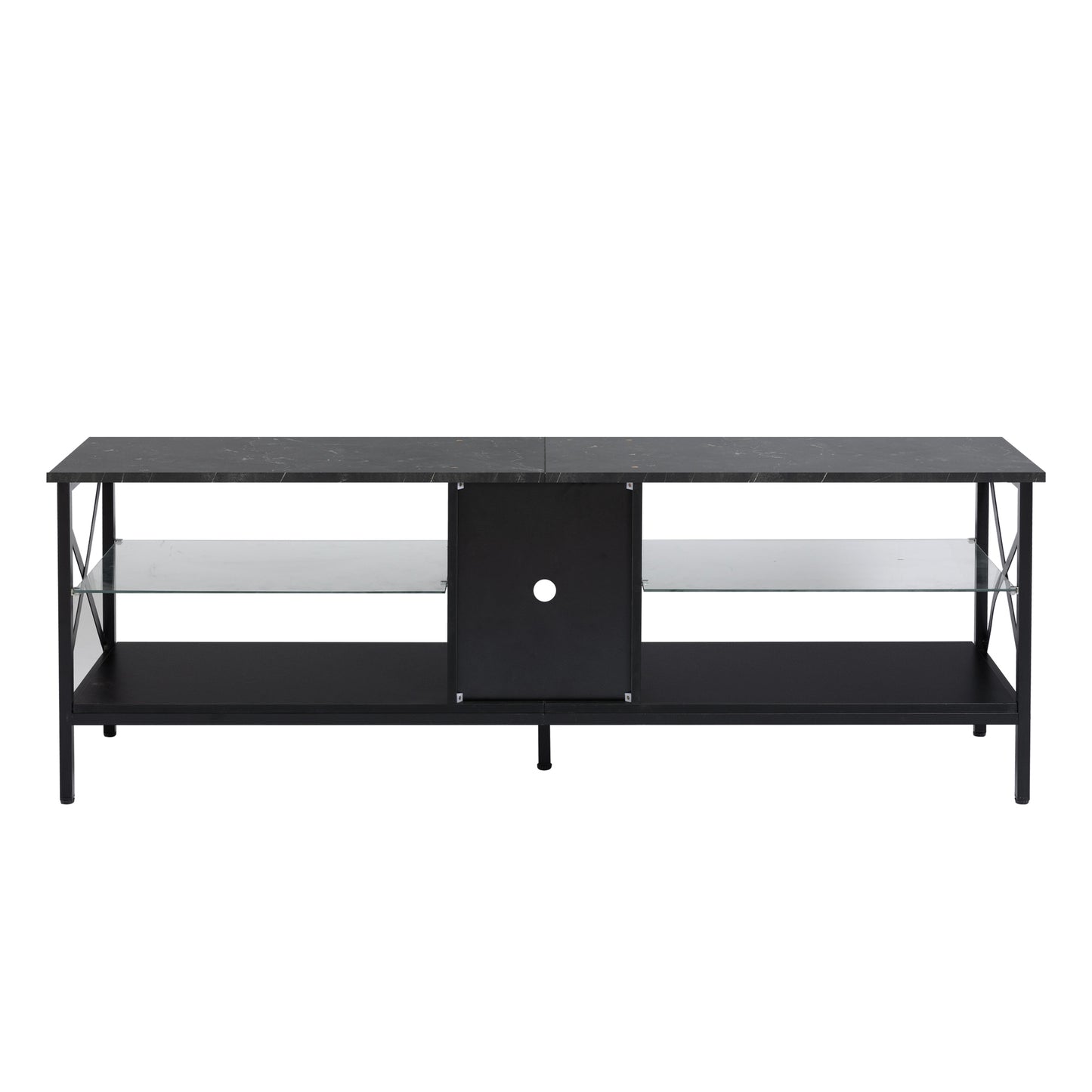 TV stand,Iron TV cabinet,entertainment center, TV set, media console, with LED lights, remote control,toughened glass stand,can be placed in the living room, bedroom, color:black with marble texture