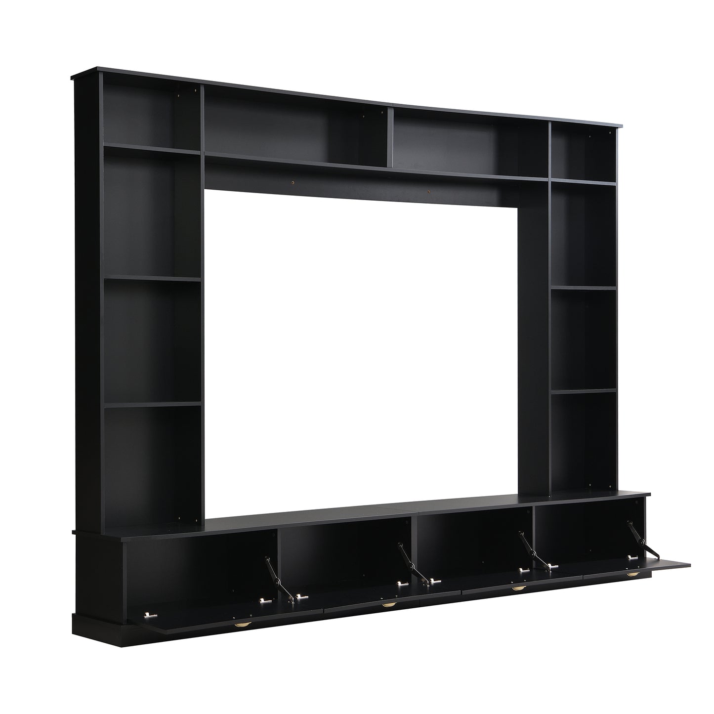 ON-TREND Large Wall Unit Entertainment Center with Bookshelves for TVs Up to 78'', Modern TV Console with Cabinets and Open Shelves, 4-in-1 TV Stand with Golden Handles, Black, 104.2''W*81.2''H