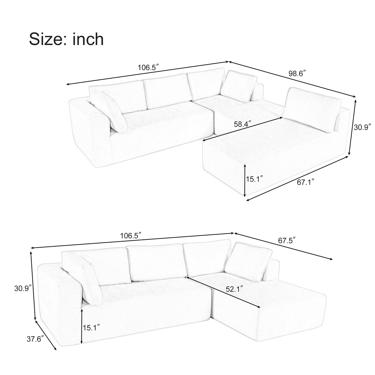 Large Modular U Shape Sectional Sofa - 3 Piece Combination