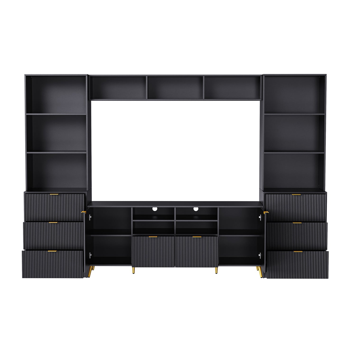 U-Can 4-Piece Entertainment Wall Unit with 13 shelves,8 Drawers and 2 Cabinets, Multifunctional TV Stand Media Storage Cabinet with Fluted Line Surface for Living Room, for TVs Up to 70"