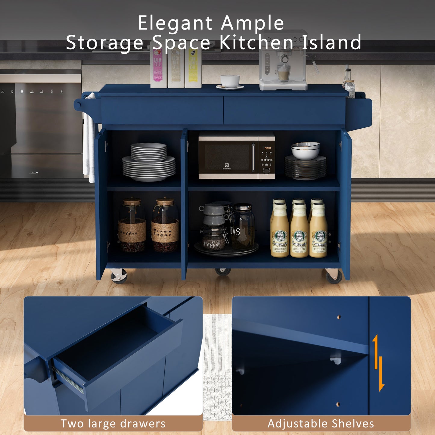 K&K 53.2''  Kitchen Island with Drop Leaf, Kitchen Storage Cart with Spice Rack, Towel Rack and 2 Drawers, Rolling Kitchen Island on Wheels with Adjustable Shelves for Kitchen, Dining Room, Navy Blue