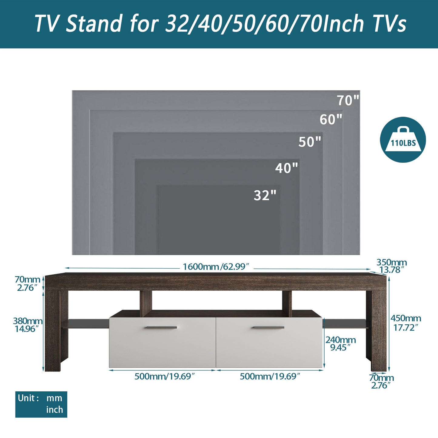 Modern TV Stand with LED Lights for up to 65" TV's with Tempered Glass Shelve