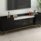 ON-TREND Sleek Design TV Stand with Fluted Glass, Contemporary Entertainment Center for TVs Up to 70", Faux Marble Top TV Console Table with Gold Frame Base, Black