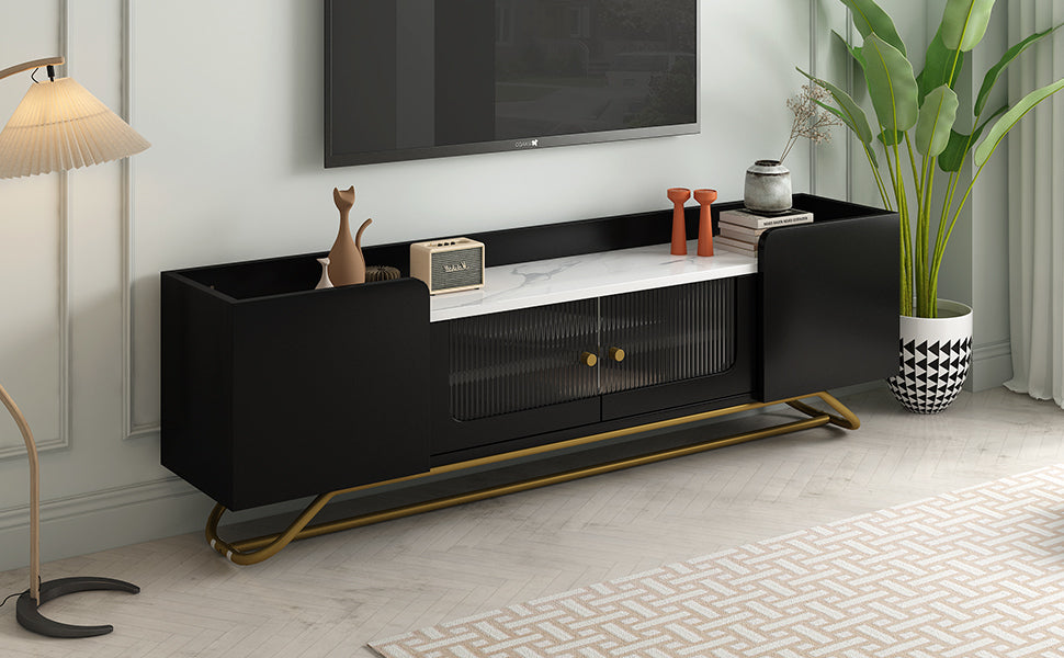 ON-TREND Sleek Design TV Stand with Fluted Glass, Contemporary Entertainment Center for TVs Up to 70", Faux Marble Top TV Console Table with Gold Frame Base, Black