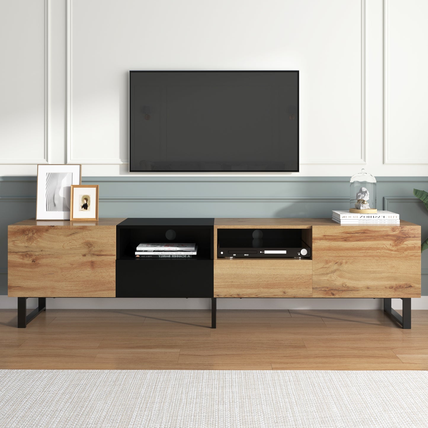 Modern TV Stand with 2 Cabinets & Open Storage Compartment, for TVs up to 85''