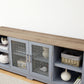 Modern Farmhouse Entertainment Console with Glass Door Cabinets and Open Shelves for up to 80'' TV's