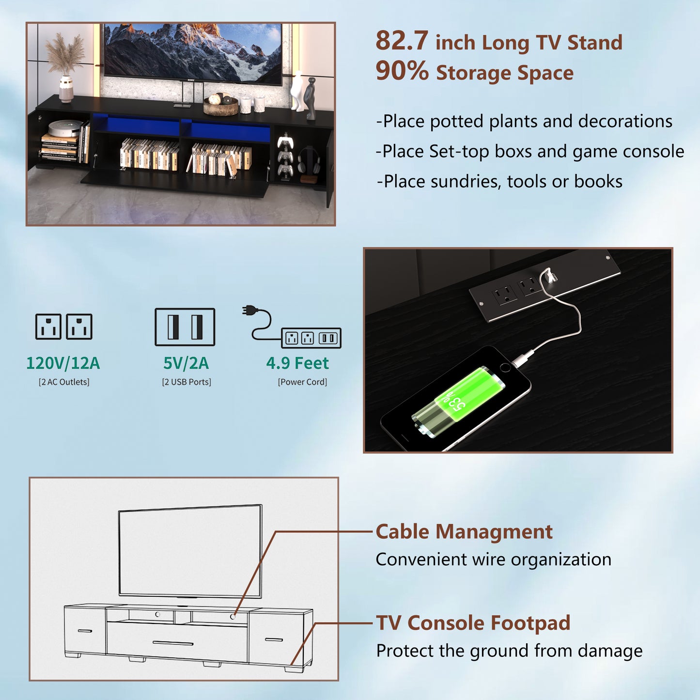 Modern Entertainment Center with 31-Mode LED Lights and Storage, For up to 80" TV's