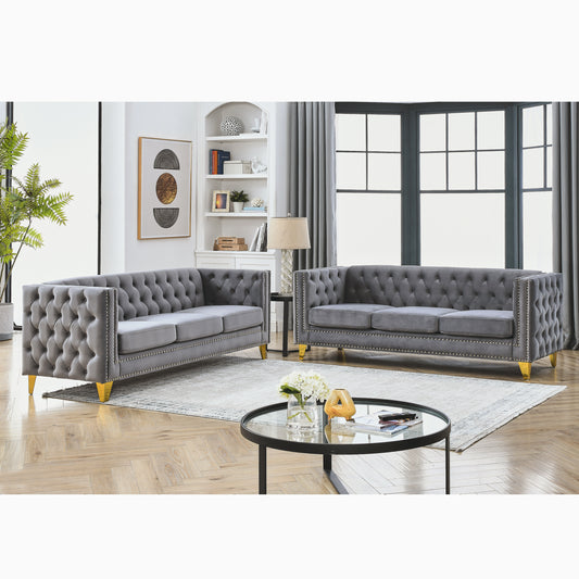 Velvet Tufted Square Arm Couch with Metal Legs - 2pcs