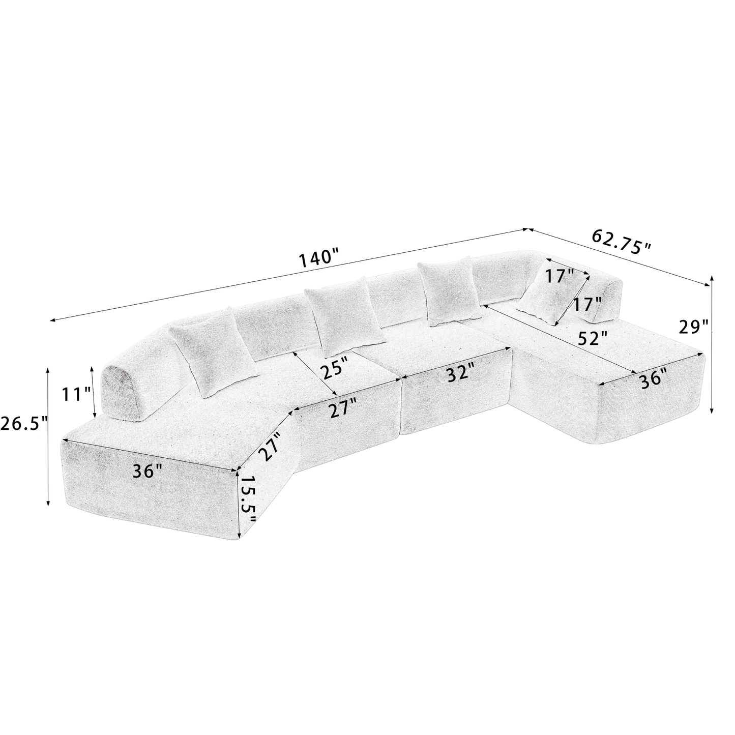 Minimalist 140" L-Shape Couch , 4 Seater , No Assembly Required