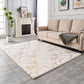 Luxury Machine Washable White Abstract Gold-Gilded Chinchilla Faux Fur Area Rug