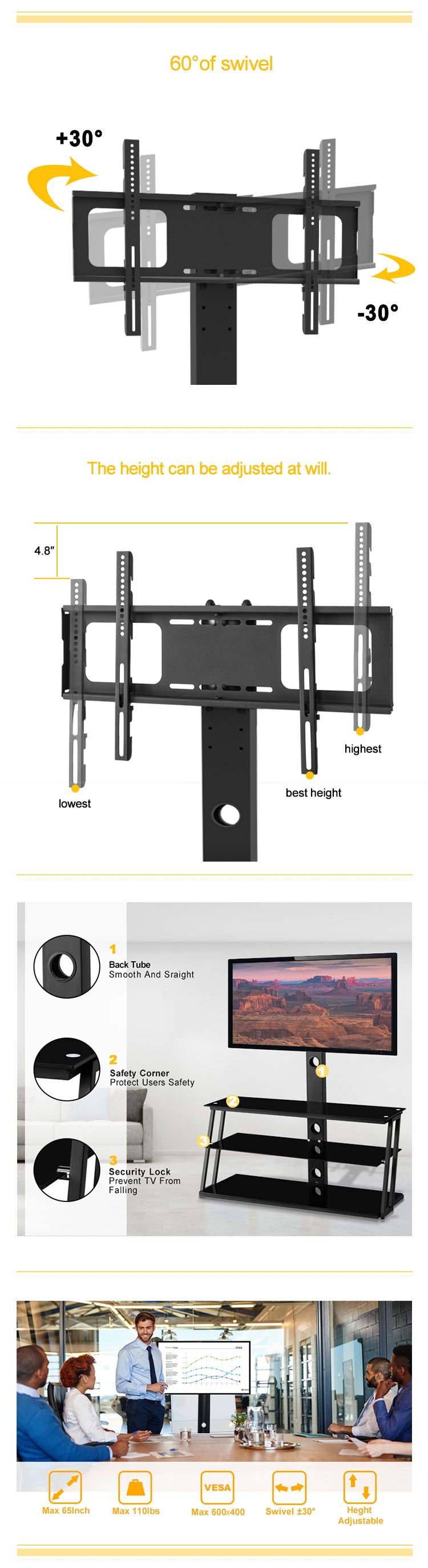 Black Multi-Function Angle And Height Adjustable Tempered Glass  TV Stand for up to 79" TV's