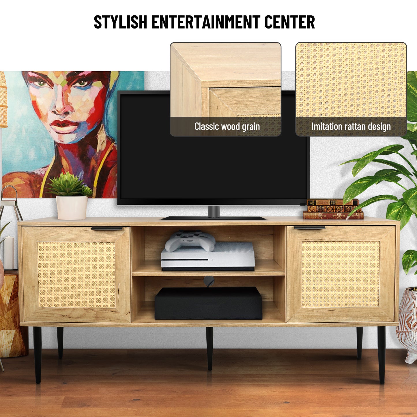 Wooden TV Stand for TVs up to 65 Inches,with 2  Rattan Decorated Doors  and 2 Open Shelves,Living Room TV Console Table Wooden Entertainment Unit, Natural Color