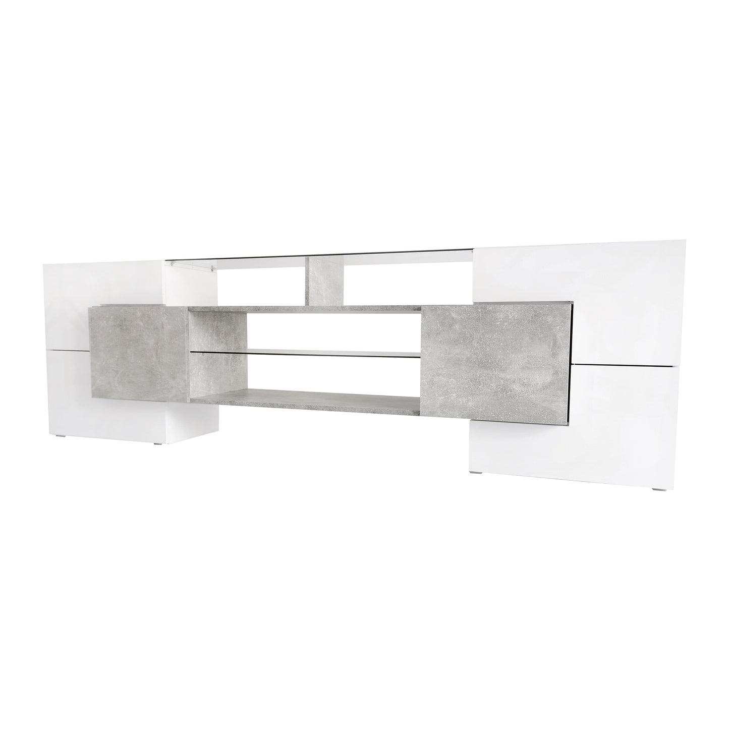 ON-TREND Unique Shape TV Stand with 2 Illuminated Glass Shelves, High Gloss Entertainment Center for TVs Up to 88", Versatile TV Cabinet with LED Color Changing Lights for Living Room, Grey