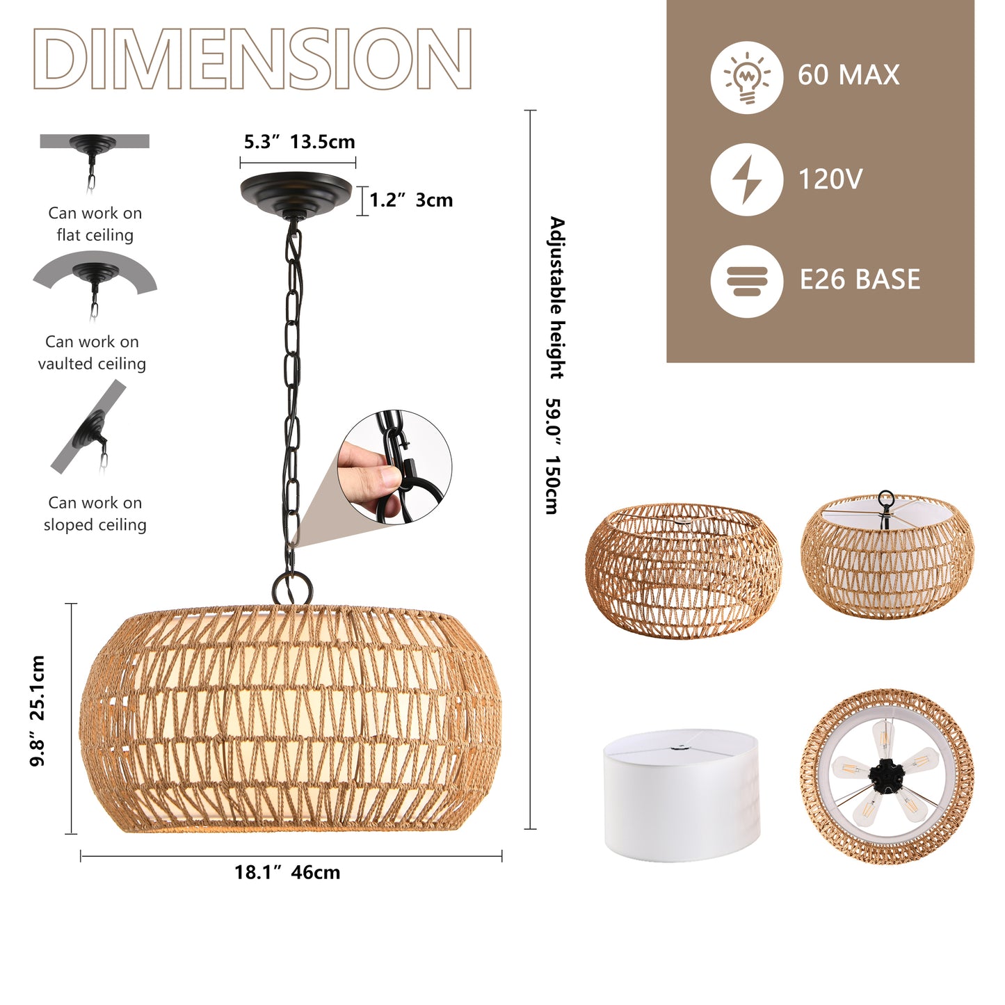 Farmhouse Pendant Light with Adjustable Height, Boho Woven Jute Rope Hanging Ceiling Light Fixture, E26 Base, 60W Max, Compatible with Flat, Vaulted, and Sloped Ceil (Bulb Not Included)