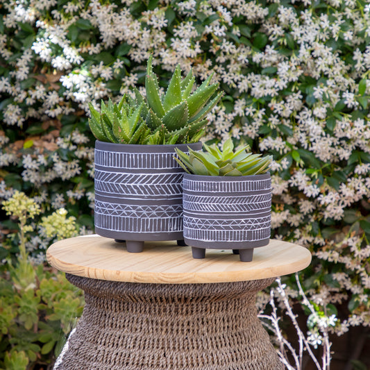 8" TRIBAL LOOK FOOTED PLANTER , BLACK