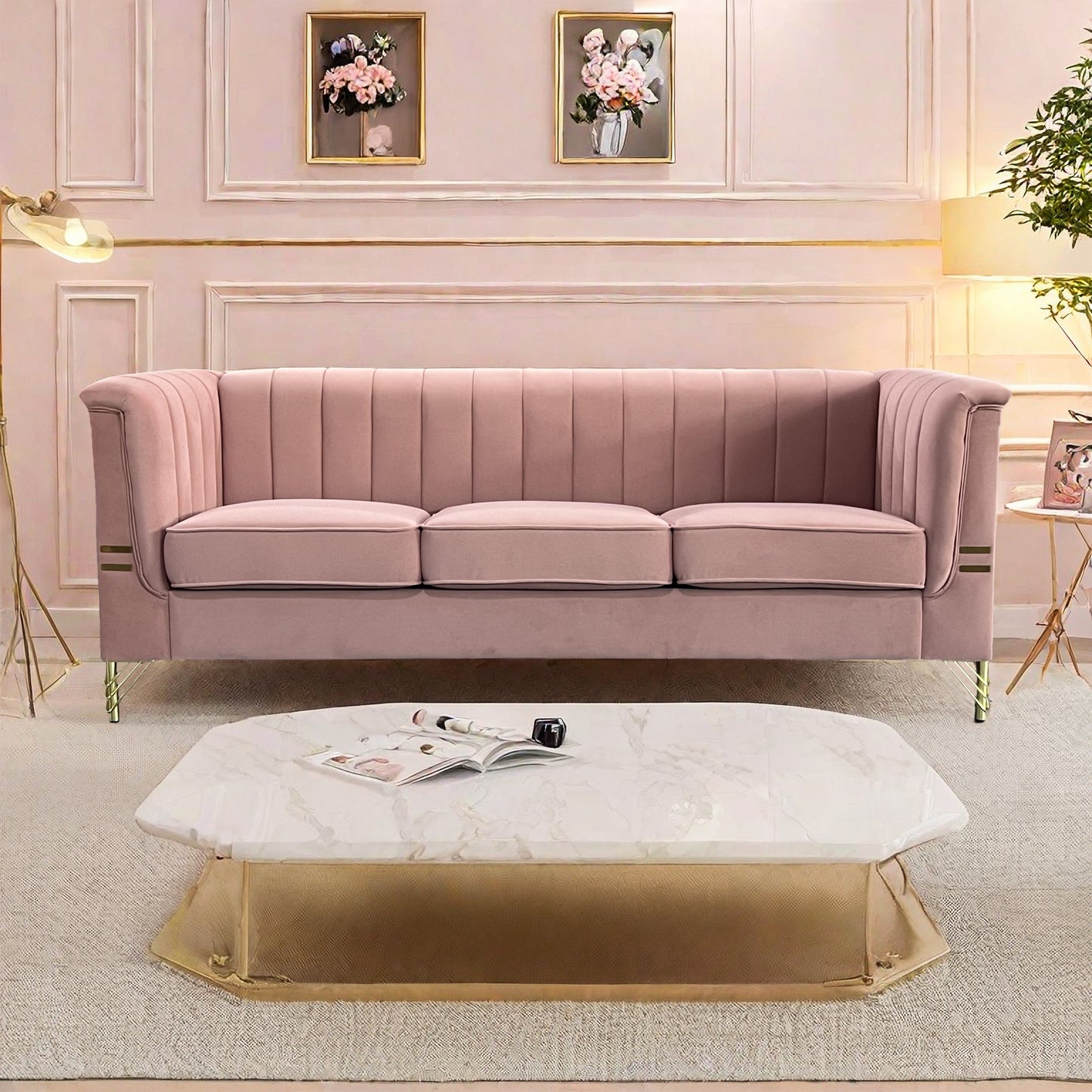 Velvet, 3-Seater Sofa Couch with Golden Metal Legs