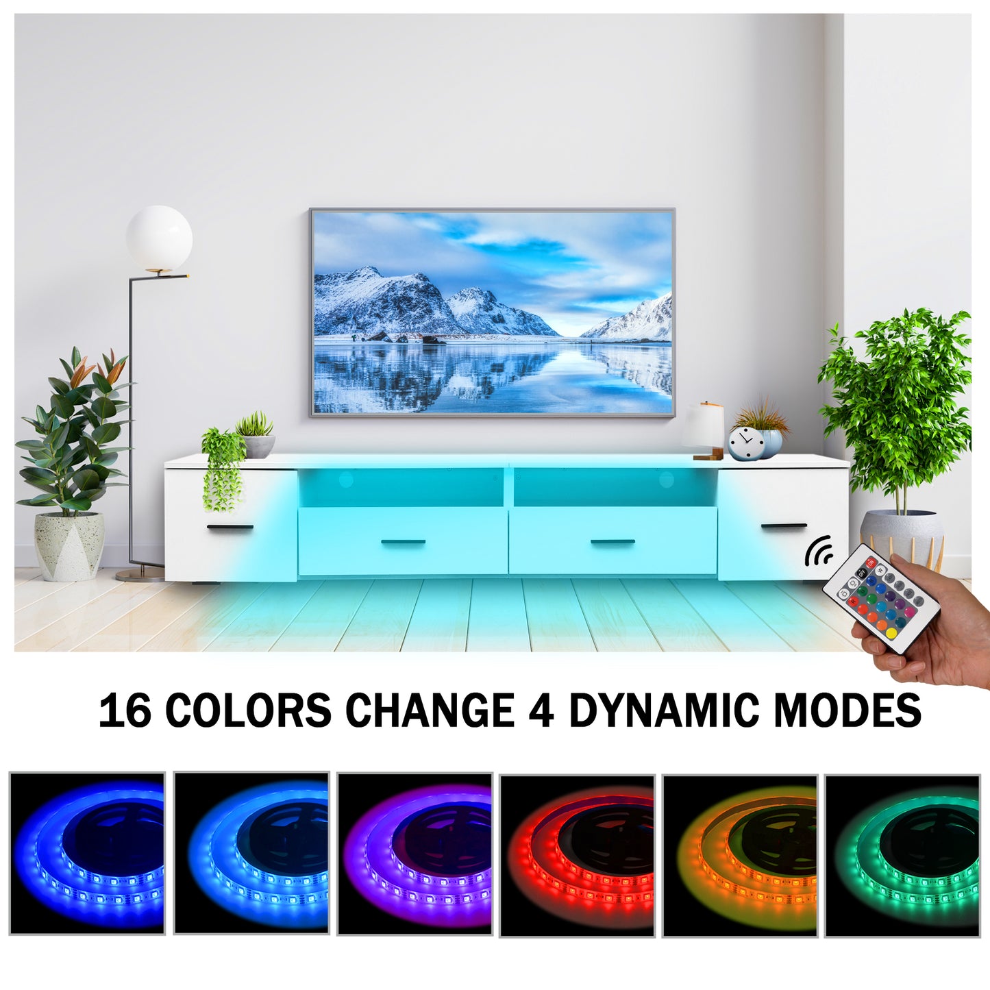 White TV Stand for Living Room,  Modern Entertainment Center Stand for TV Up to 90 Inch, Large Led TV Stand with 4 Storage Drawers, High Glossy Waterproof  TV Console, TV Table Media Furniture