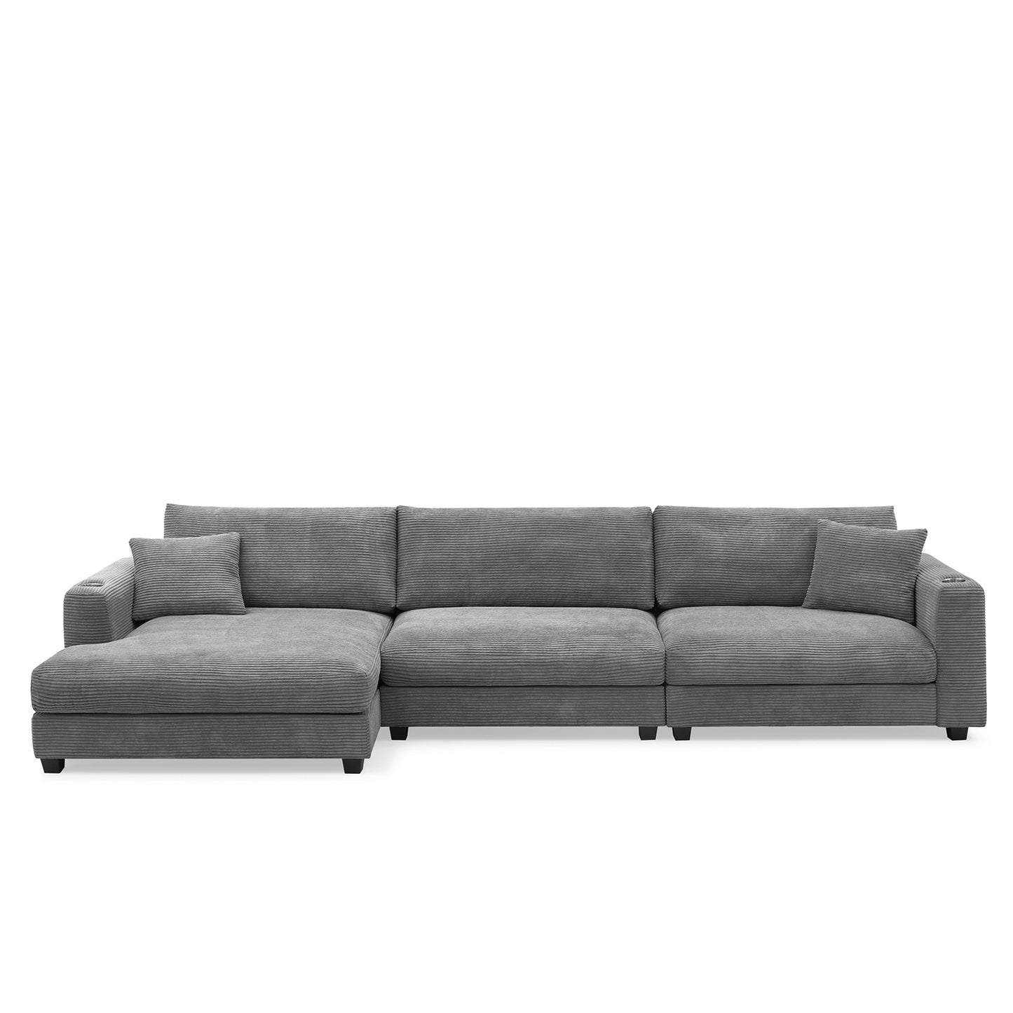 Oversized Corduroy L-Shaped Sectional Sofa with USB Ports & Cup Holders