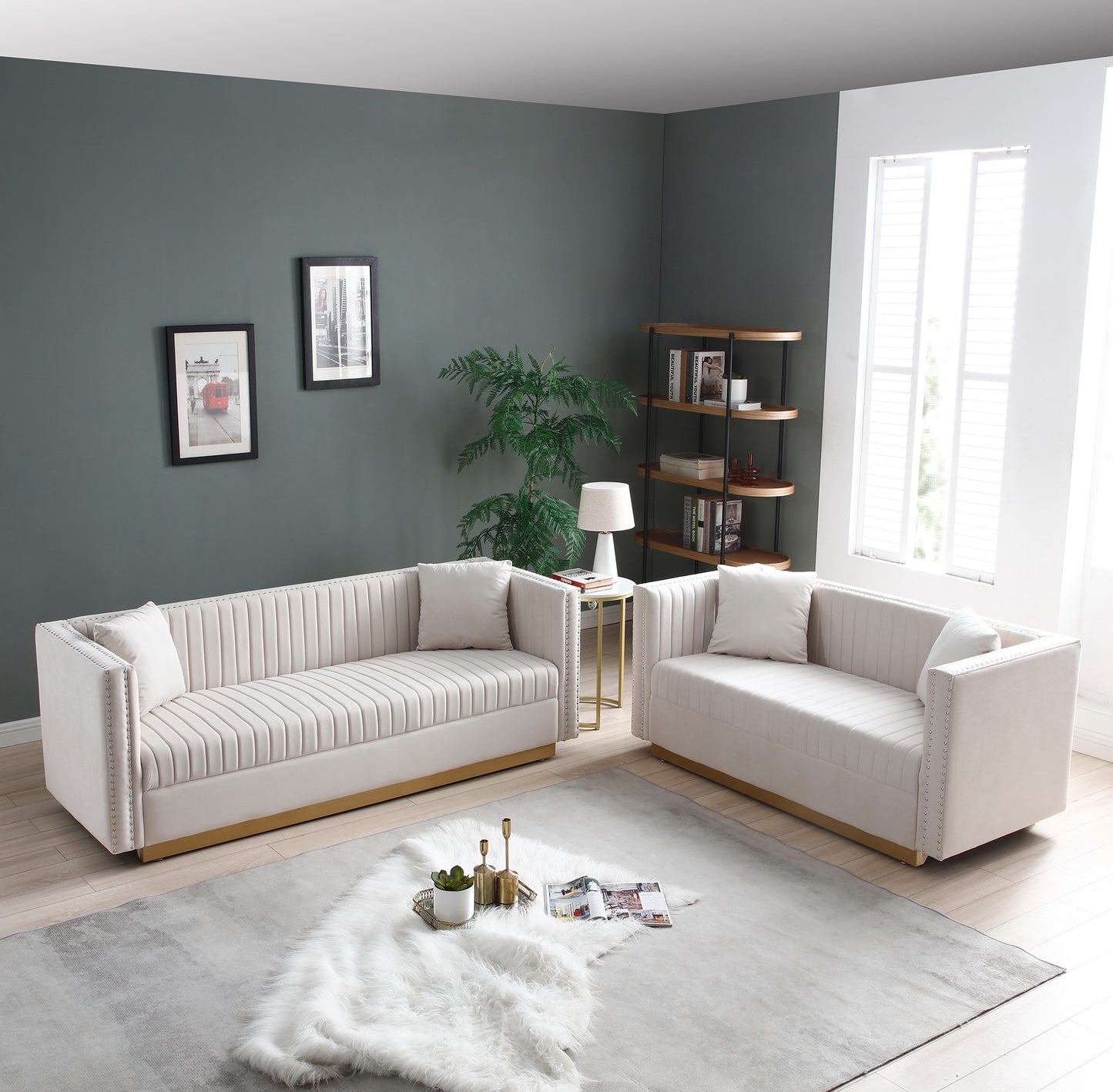 Contemporary Vertical Channel Tufted Velvet Sofa Loveseat Set