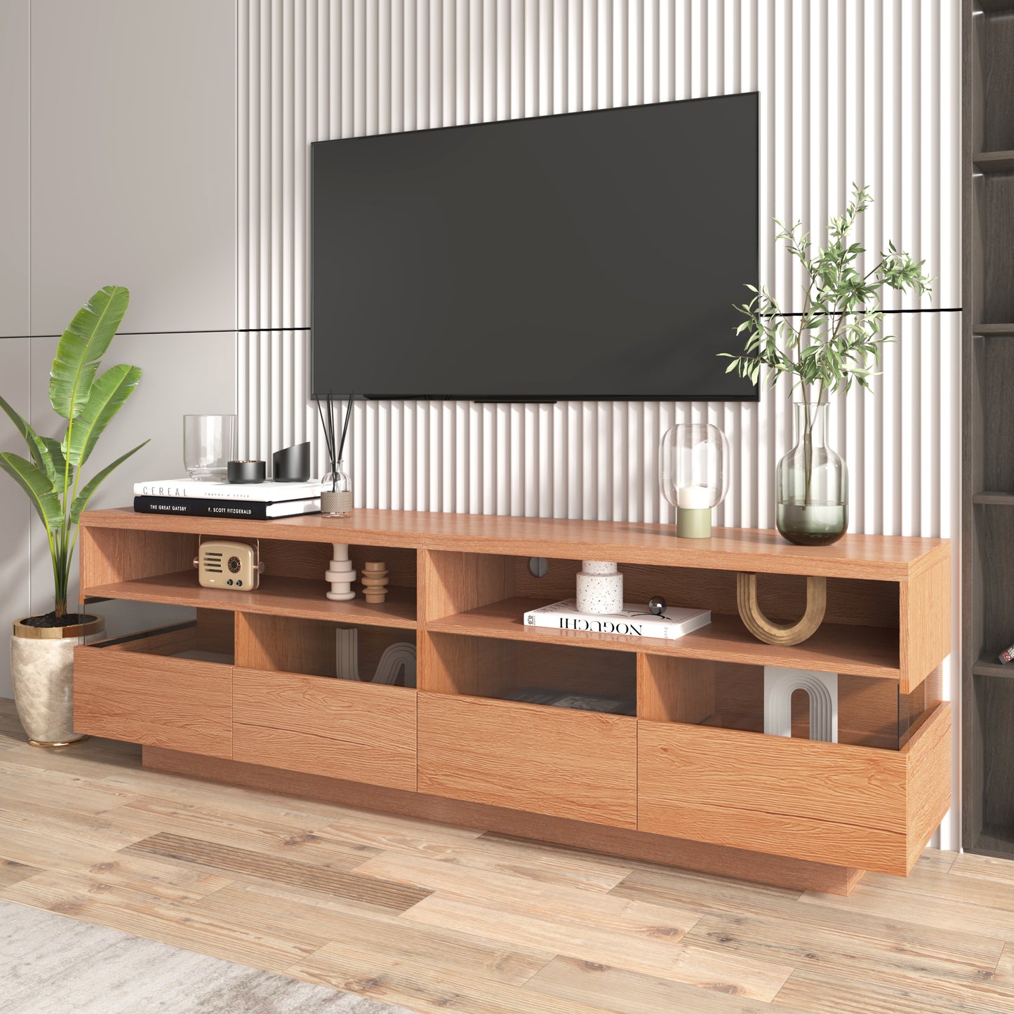 Modern TV Stand with 4 Drawers & 2 Open Cabinets For up to 75" TV's