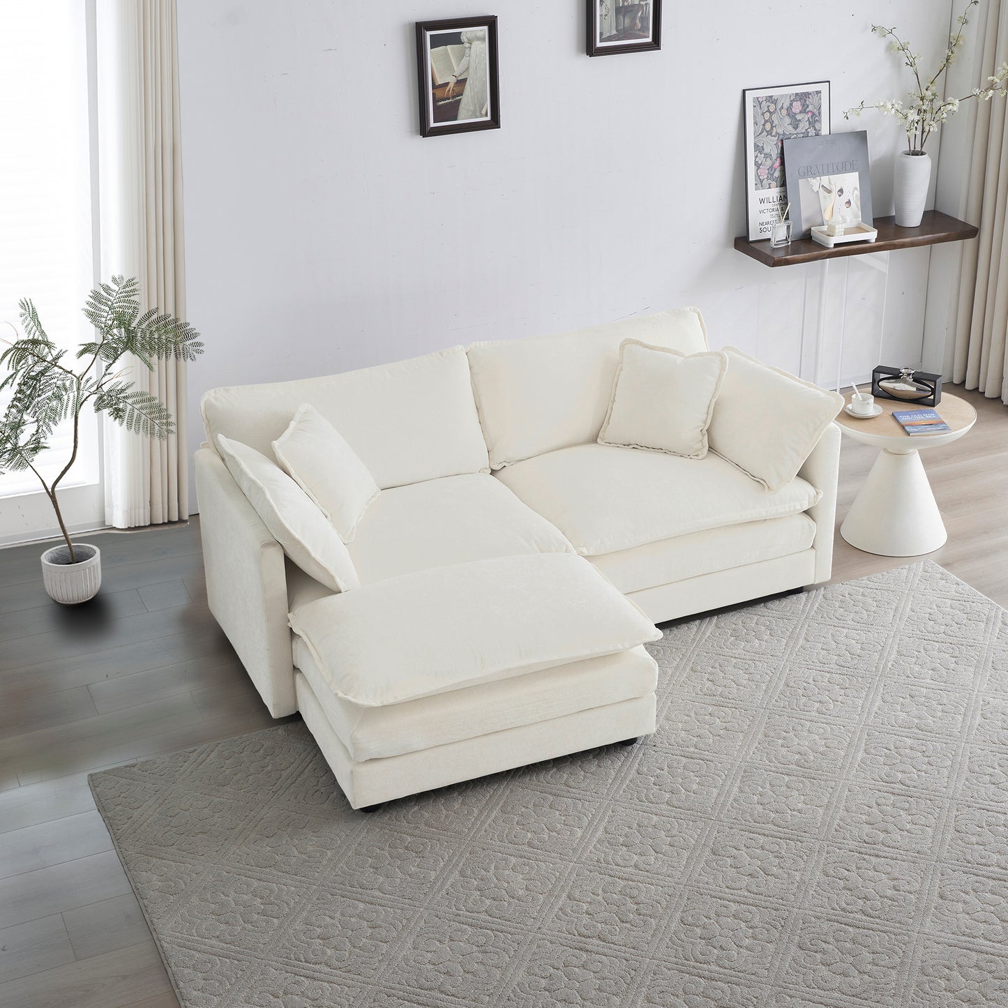 Chenille Fabric Sectional Sofa with 1 Footrest - Two-Seater