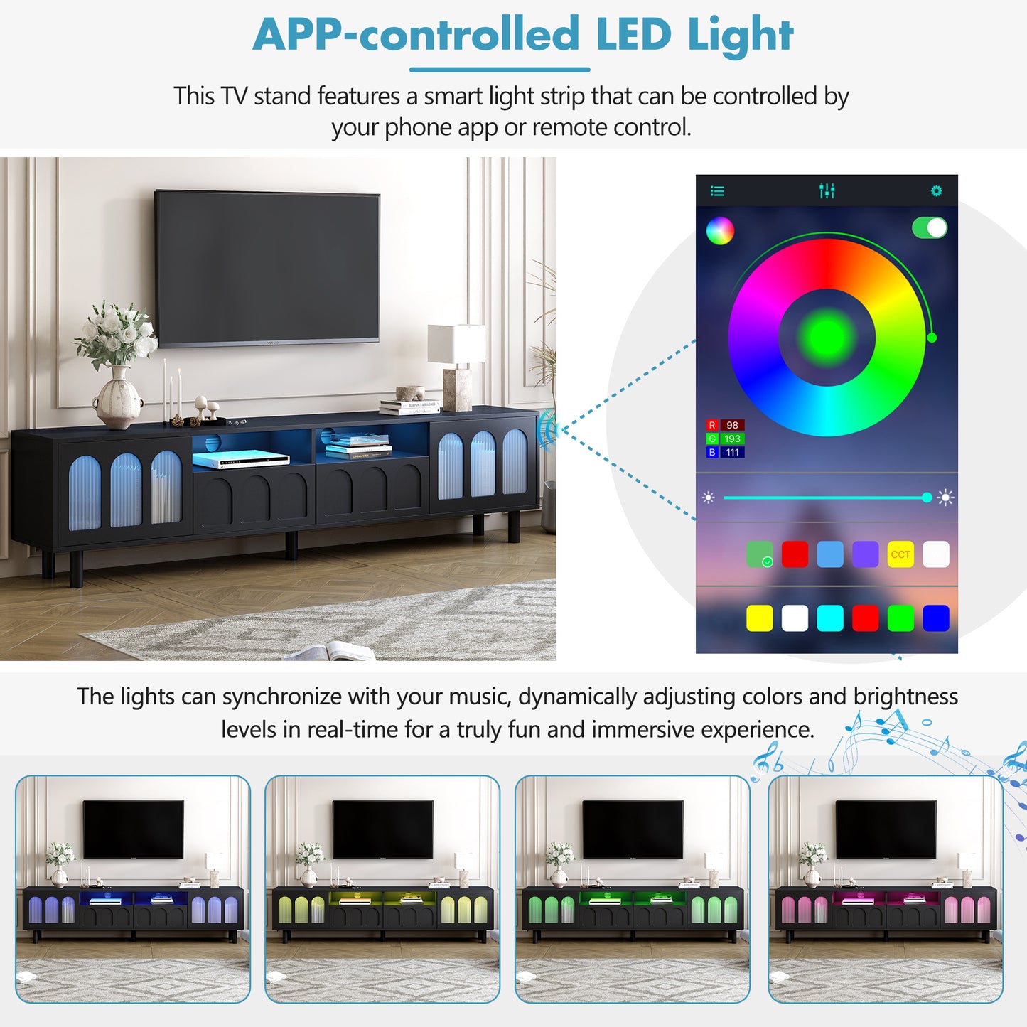 Fluted Glass TV Stand with LED Light Strip for Up to 80'' TV's