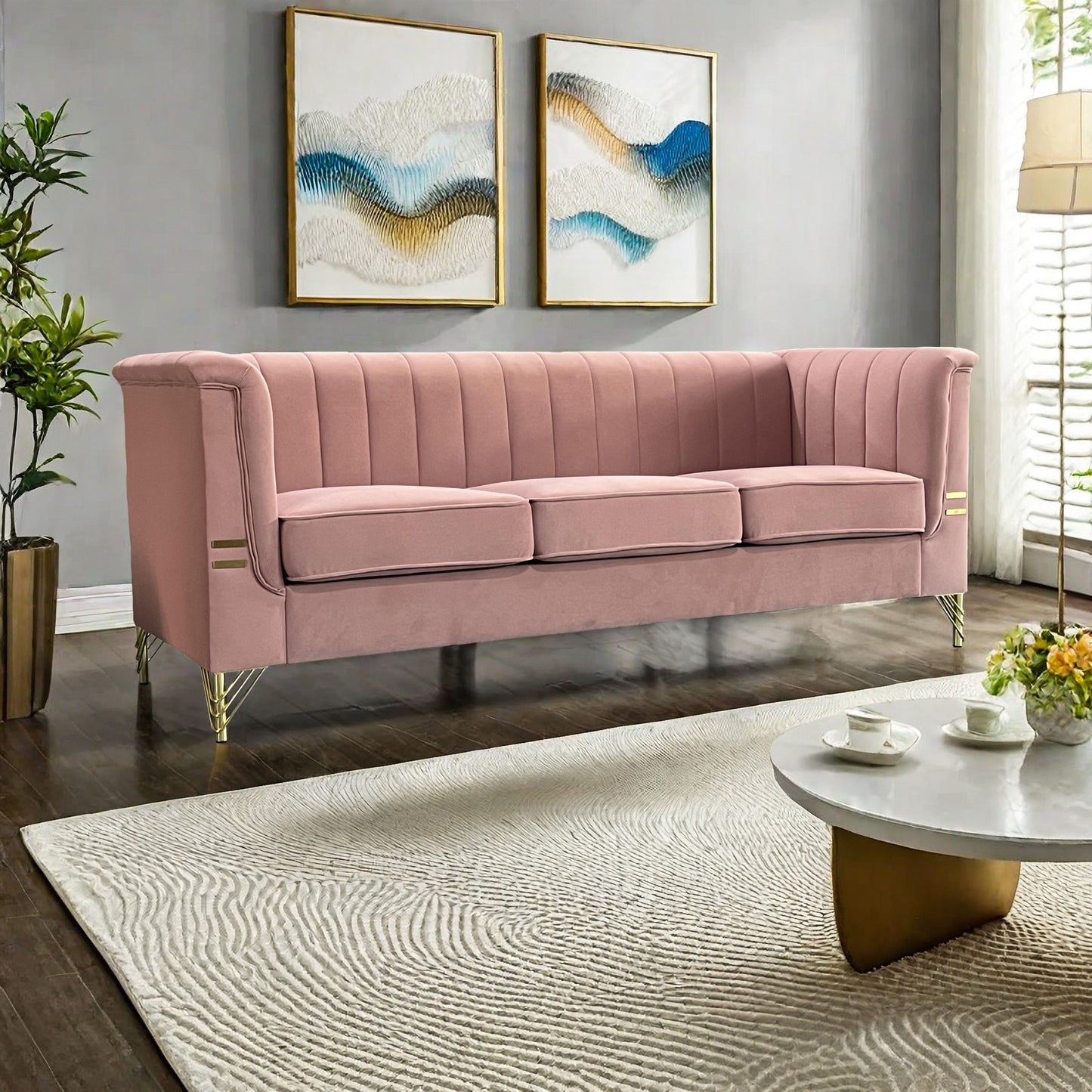 Velvet, 3-Seater Sofa Couch with Golden Metal Legs