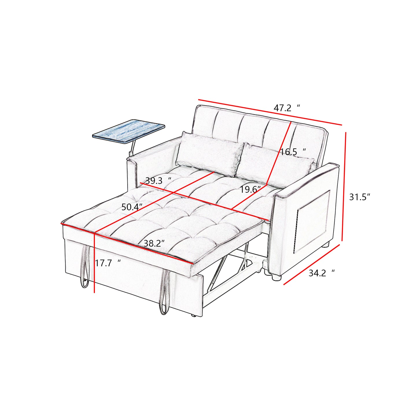 Blu Velvet Loveseat Sleeper Sofa Bed with Side Table